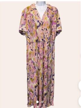 kathy ireland Pleated Floral Print Dress in Pink, Yellow & Purple